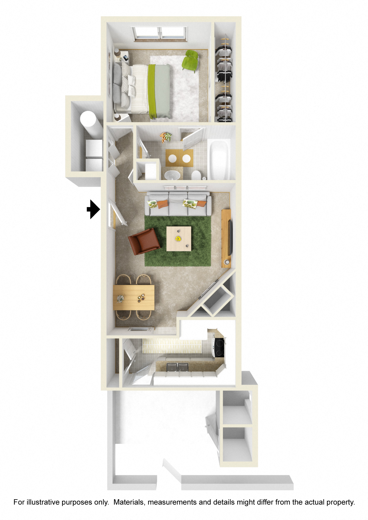 Floor plan for 1 bed, 1 bath, 660 sqft
